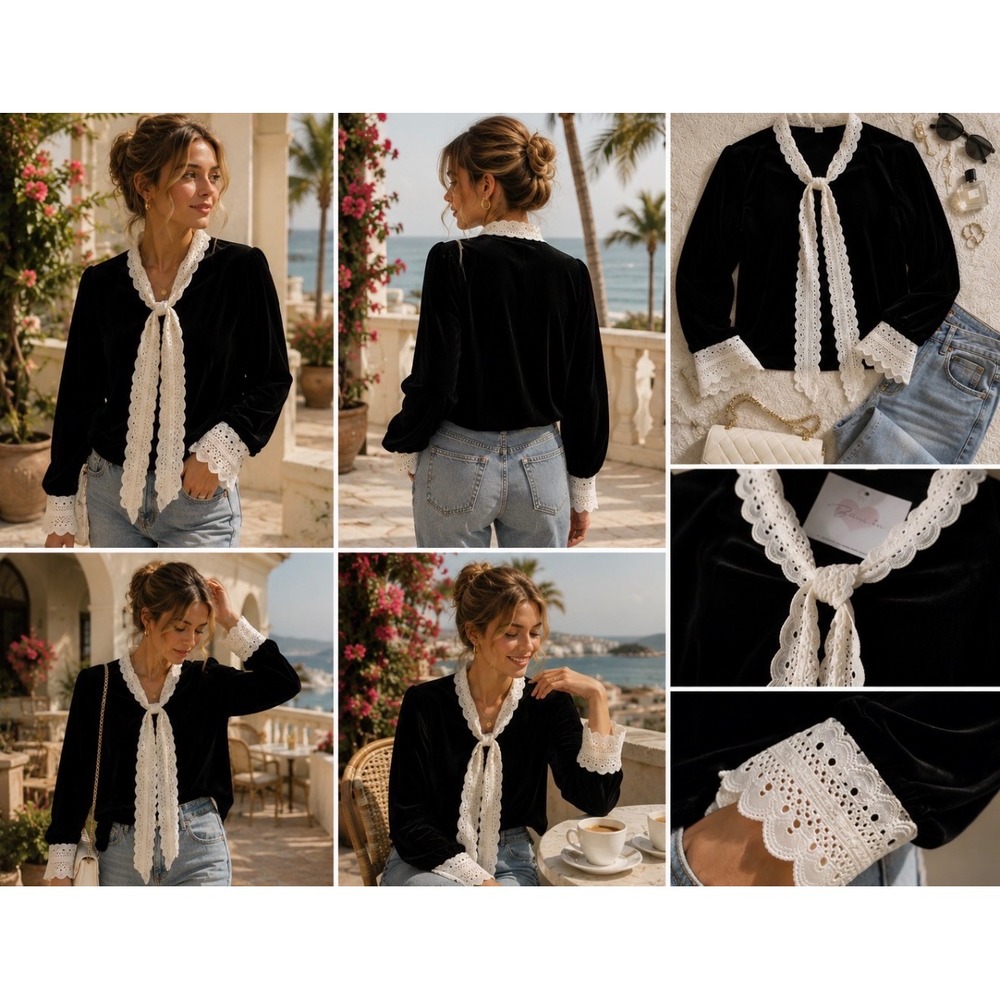 Boisson Velvet Lace Tie Neck Blouse Black White Eyelet Puff Sleeve One Size NWT